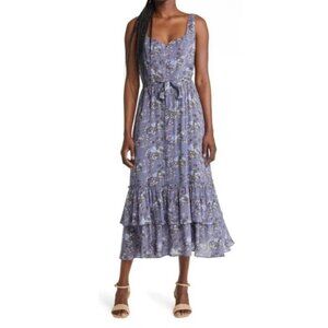 Paige Michelada Floral Tiered Midi Dress Blue M EUC